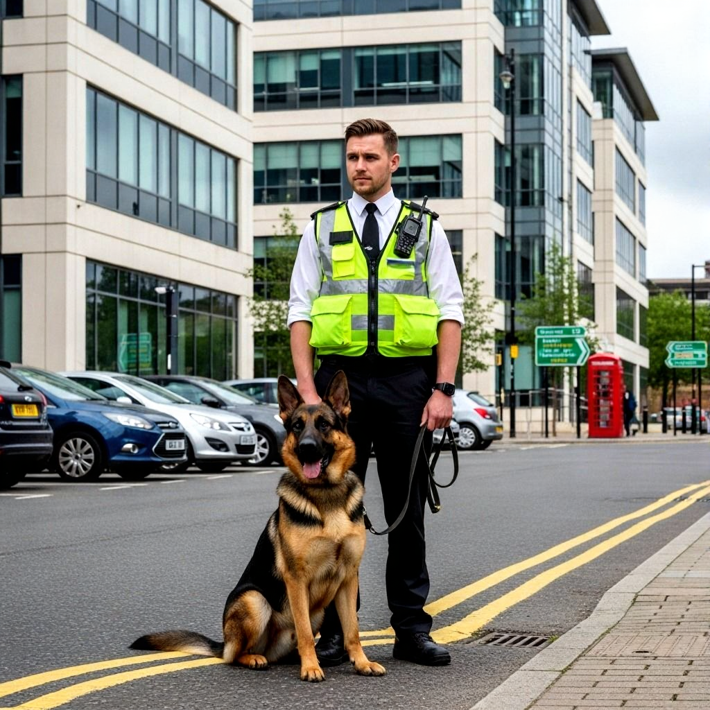 SIA-qualified dog handler high-tension response