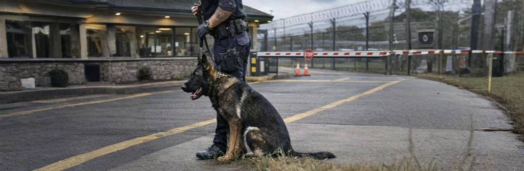 Security dog guarding entrance area