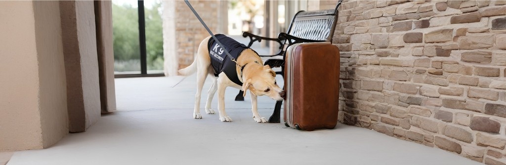 Detection dog inspecting luggage area
