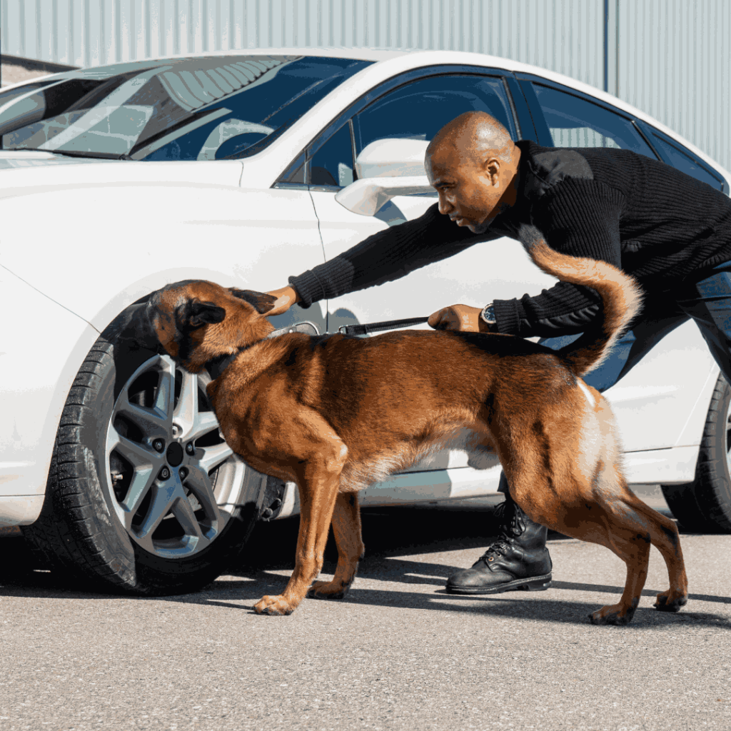 K9 security dog inspecting vehicle during professional security check