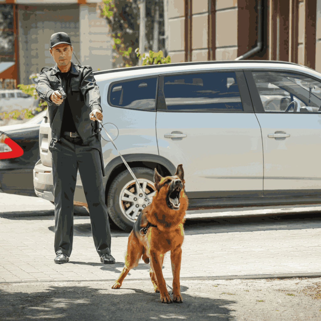 Manned security officer with guard dog responding to vehicle threat