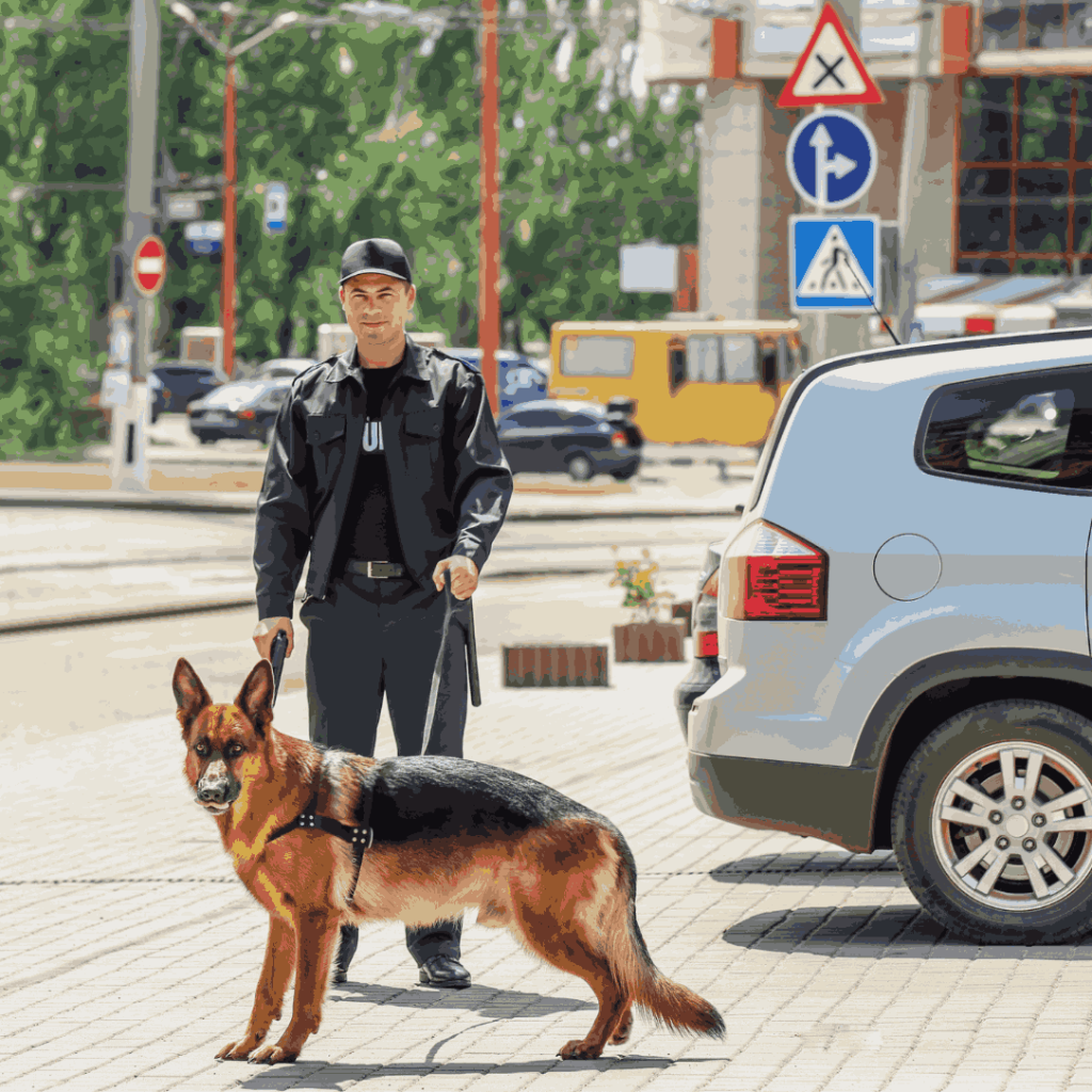 Static security guard with patrol dog monitoring roadside parking area